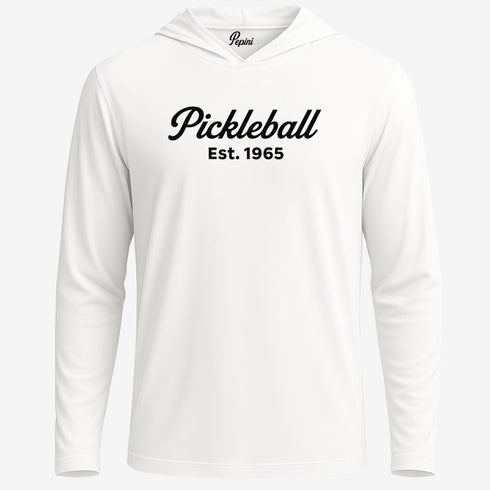 White hoodie with 'Pickleball Est. 1965' text on a white background